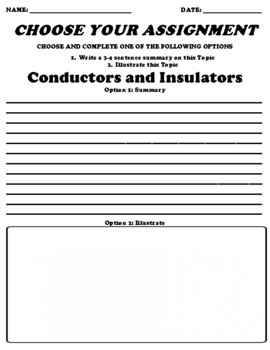 Preview of Conductors and Insulators UDL Choice Board Worksheet