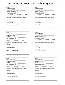 Conferencing Form - Post-It Template and Binder page by ZONES Math