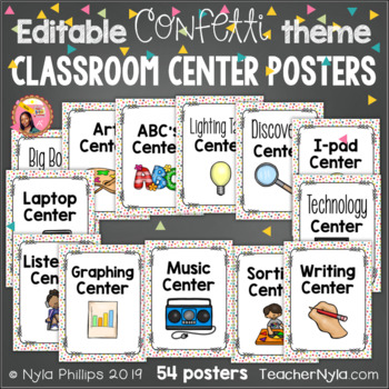 Preview of Confetti Center Labels - 54 Classroom Label Posters for Stations Editable