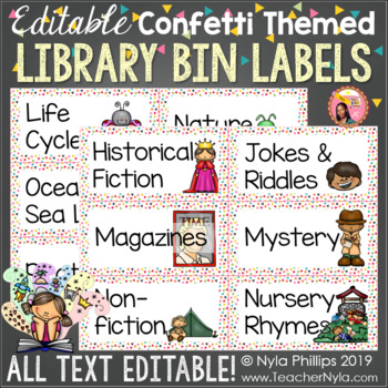 Preview of Confetti Library Labels for Book Bins - Editable