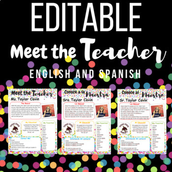 Preview of Rainbow Confetti Meet the Teacher Template Editable SPANISH AND ENGLISH