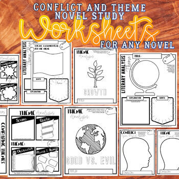 Preview of Conflict & Theme Worksheets: Novel Study, Project, Any Novel, Literary Analysis