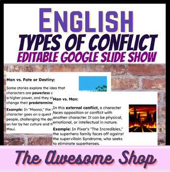 Preview of Conflict in Literature EDITABLE Google Slide Show for English / Language Arts
