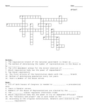 Congress (Legislative Branch) Crossword Puzzle by Teach AP Gov 101