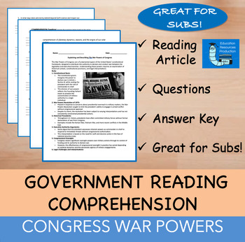 Preview of Congress War Powers - Reading Comprehension Passage & Questions
