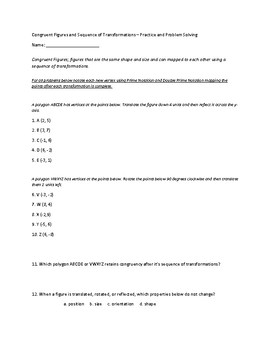 Preview of Congruent Figures and Sequence of Transformations (algebraic) - Practice
