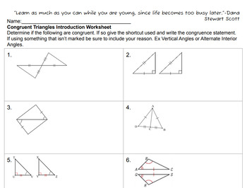 Preview of Congruent Triangles Introduction Worksheet