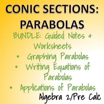 Preview of Conic Sections Parabolas - Graphing, Writing Equations & Applications
