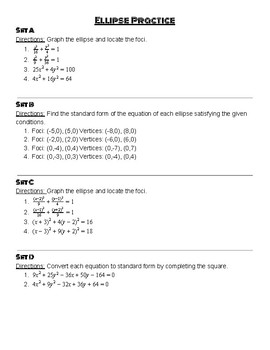 Conic Sections Ellipse Worksheet