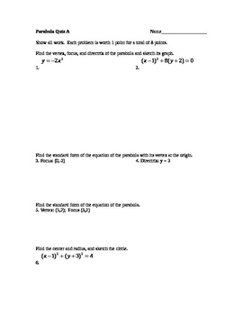 Preview of Conic Sections Unit: Test/Quizzes for Parabolas, Circles, Hyperbolas, Ellipses