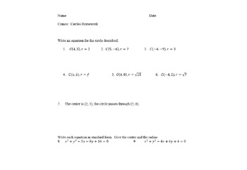 Preview of Conics (Circles) Homework/Worksheet