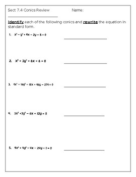 Preview of Conics Review - writing from standard form to conic equation