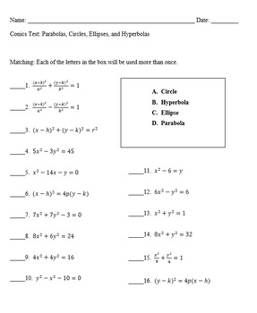 Preview of Conics Test (Circle, Ellipse, Hyperbola, Parabola) with Answer Key