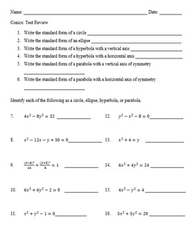 Preview of Conics Unit Review and Test (Circle, Ellipse, Hyperbola, Parabola) w/Answer Keys