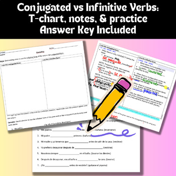 Preview of Conjugated vs Infinitive Reflexive Verbs: T-chart, notes, practice, Answer Key