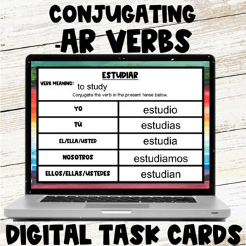 Preview of Conjugating Ar Verbs Present Tense Practice Spanish 1  Digital Task Cards