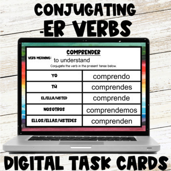 Preview of Conjugating Er Verbs Present Tense Practice Spanish 1 Class Digital Task Cards