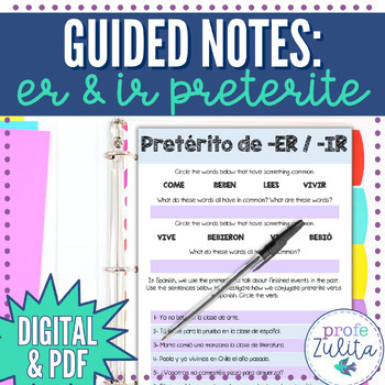 Preview of Conjugating Spanish ER & IR Past / Preterite Verbs Guided Notes for Students