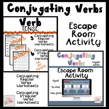 Preview of Conjugating Verbs Worksheets and Digital Escape Room Activity Bundle