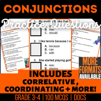 Preview of Conjunctions Google Docs Worksheets Coordinating Subordinating Grade 3 and 4