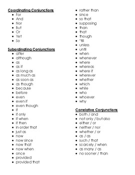 Preview of Conjunctions List