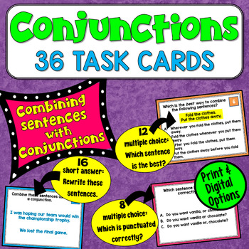 Preview of Conjunctions Task Cards in Print and Digital: Practice Combining Sentences