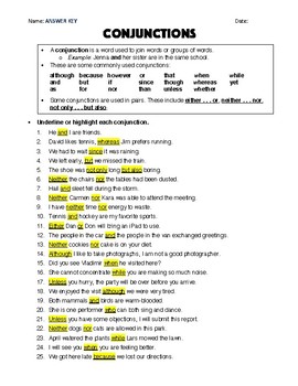 Conjunctions Worksheet Answer Key By Robert S Resources Tpt