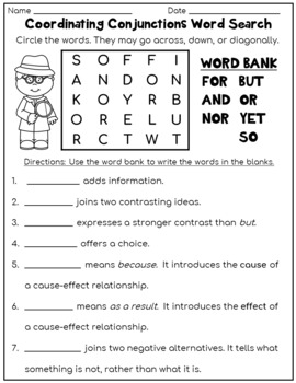 Preview of Conjunctions Worksheets: Word Search, Crossword Puzzle