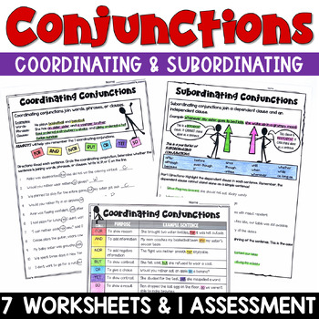 Preview of Conjunctions Worksheets and Assessment: Coordinating and Subordinating