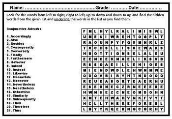 Preview of Conjunctive Adverbs, Word Search Worksheet, Grammar Activities Distance Learning