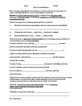 Conjunctive Adverbs Worksheet by Middle School Miracles TpT