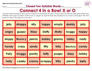 Connect 4 in a Row! X or O: Closed Two Syllable Words Game