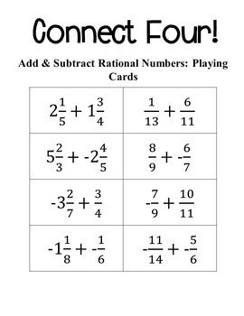 8th grade math connect four add subtract rational numbers with