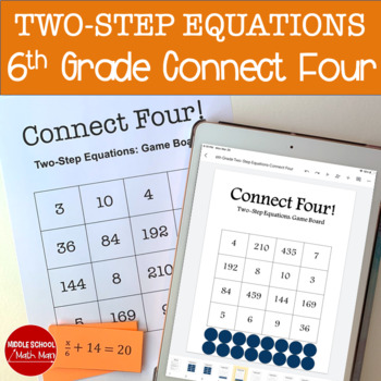 Preview of 6th Grade Math Solving Two Step Equations Math Game | Connect Four Game