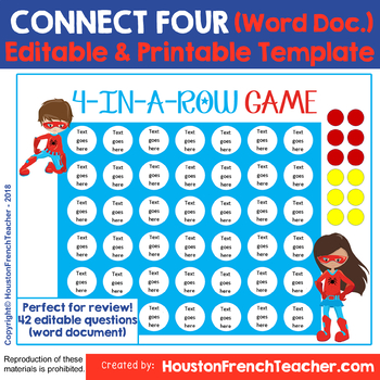 Preview of Connect four review game Template- editable (Four in a row French Spanish verbs)