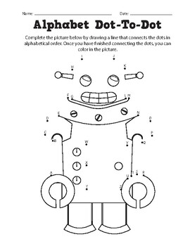 Connect the Dots Printable Alphabet Worksheet (Robot-Themed) | TPT