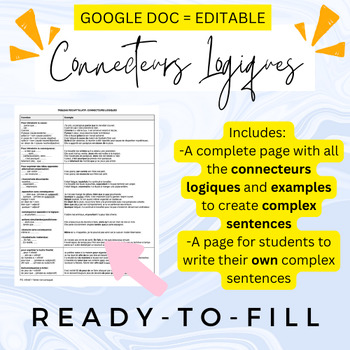 Preview of Connecteurs logiques - French transition words with examples - graphic organizer