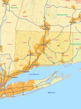 Preview of Connecticut map with cities township counties rivers roads labeled