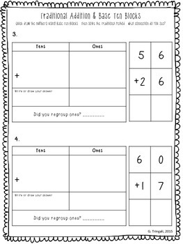 Connecting 2 Digit Traditional Addition with Base Ten Blocks Worksheets