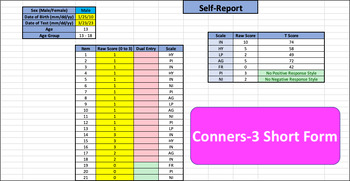 Preview of Conners-3 Short Form Autoscoring Template self, parent and teacher report