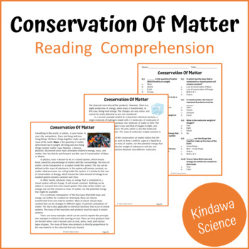 Preview of Conservation Of Matter Reading Comprehension Passage and Questions - PDF