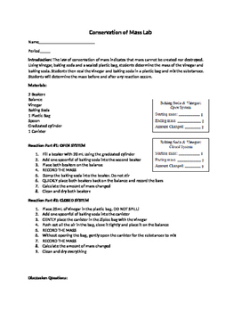 Preview of Conservation of Mass Lab