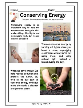 Preview of Conserving Energy - Earth Day Comprehension Worksheet - Differentiated No-Prep