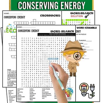 Preview of Conserving Energy Fun Worksheets,Vocabulary,Puzzles,Wordsearch & Crossword
