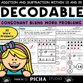 Preview of Consonant Blend Words Decodable Word Problems: Add and Sub Within 10 and 20