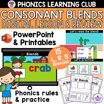 Preview of Consonant Blends PowerPoint Lesson and L Blends, R Blends, S Blends Worksheets