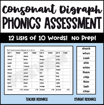 Preview of Consonant Digraph Phonics Assessment with Progress Monitoring - sh, th, wh, ch