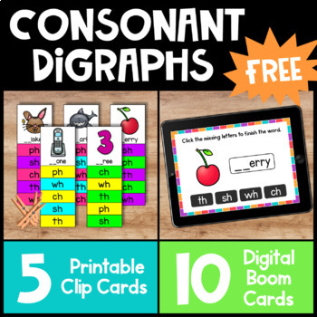 Preview of FREE Phonics Activities: Consonant Digraphs Phonics Clip Cards + Boom Cards