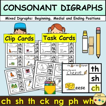 Preview of Consonant Digraphs Clip Cards Task Cards Activities