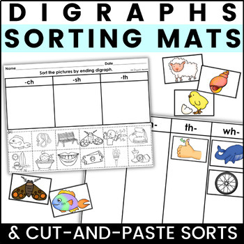 Preview of Digraphs Sort Cut and Paste Worksheets and Phonics Sorting Mats CH SH TH WH